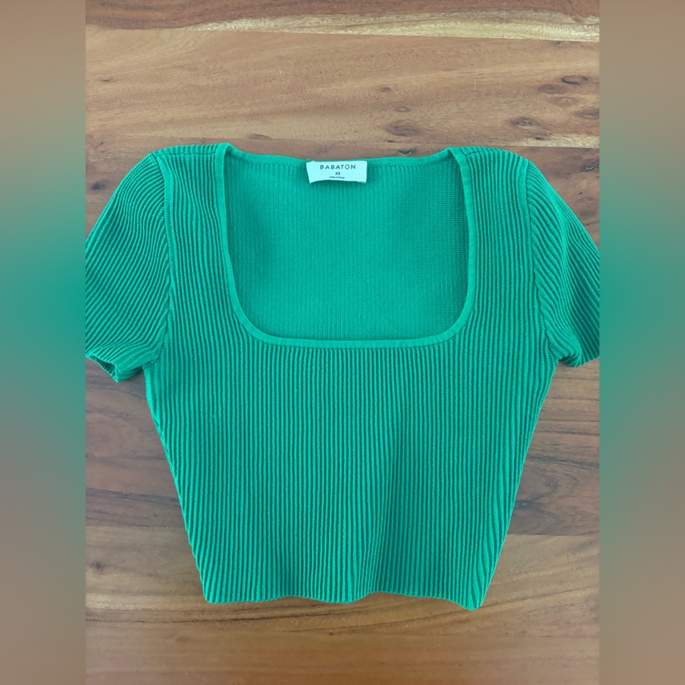 Babaton Green Crew Neck Sweater Ribbed Knit - Picture 2 of 4